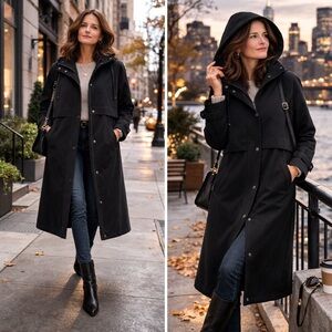 💖 Calvin Klein Black Long Hooded Coat, Layered Overlay Detail, Snap Front, Sz M